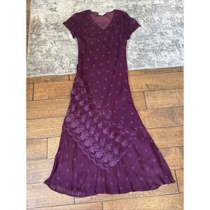 Vintage 90s Beaded Asymmetrical Bias Cut Maxi Dress  Sz 8‎ V-Neck Rayon Burgundy